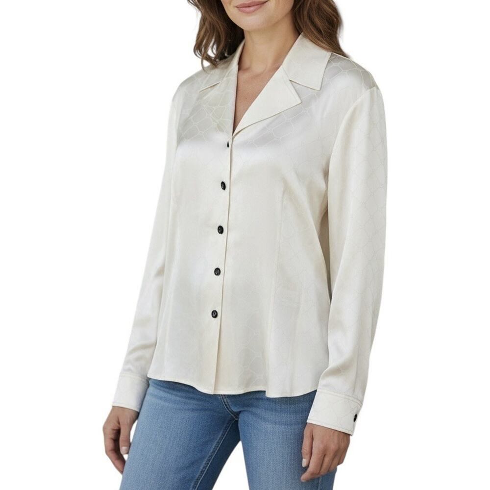 St. John Monogram Silk Button Blouse Sophisticated Minimalist Career Size 8 NWT